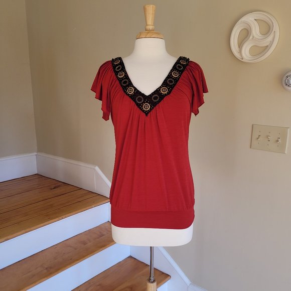 Beaded Embellished V-Neck Short Sleeve Blouse By Wrapper. Size Med - Picture 2 of 9